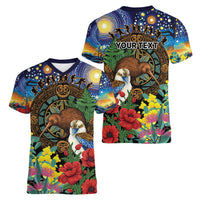 Kiwi-Kookaburra Bird ANZAC Personalised Women V-Neck T-Shirt Aussie Golden Wattle Poppy Flowers