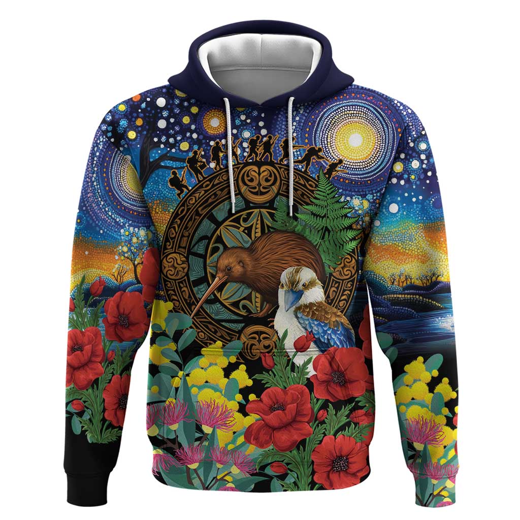 Kiwi-Kookaburra Bird ANZAC Personalised Zip Hoodie Aussie Golden Wattle Poppy Flowers