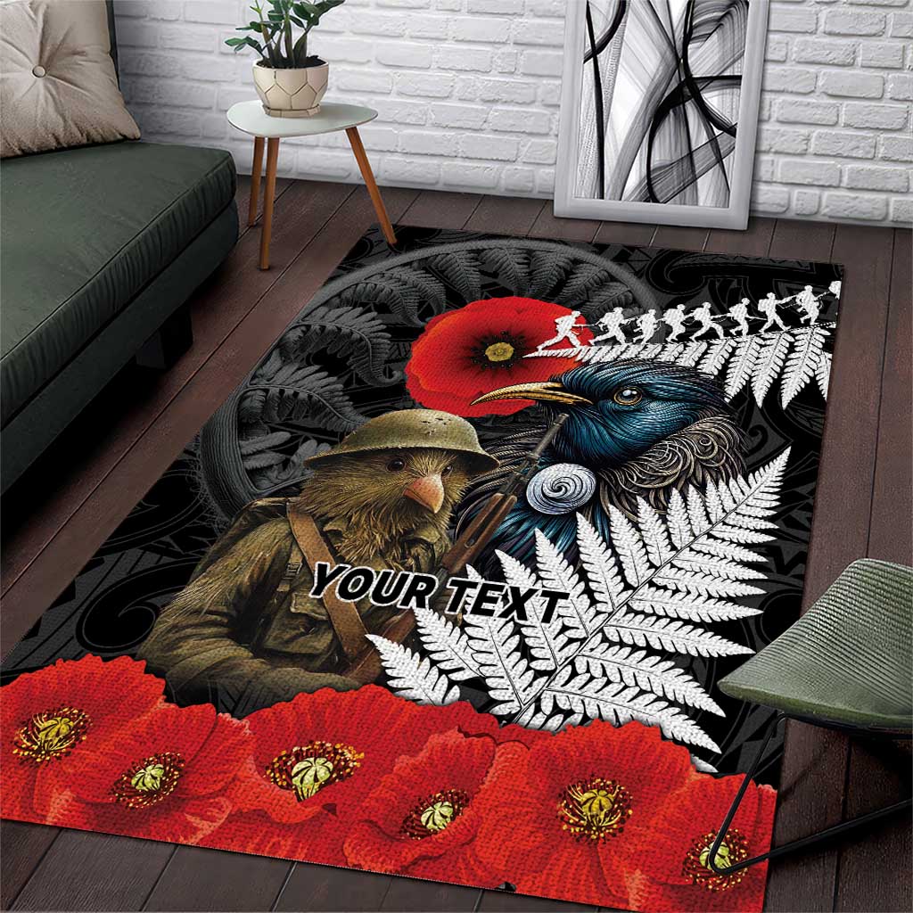 Kiwi-Tui Bird Soldier ANZAC Day Personalised Area Rug Maori Silver Fern Motif