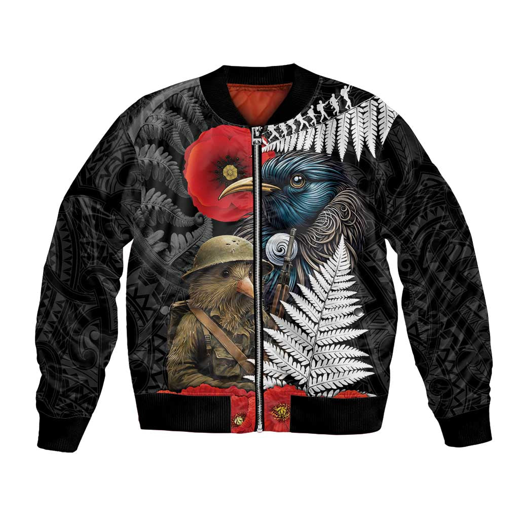 Kiwi-Tui Bird Soldier ANZAC Day Personalised Bomber Jacket Maori Silver Fern Motif