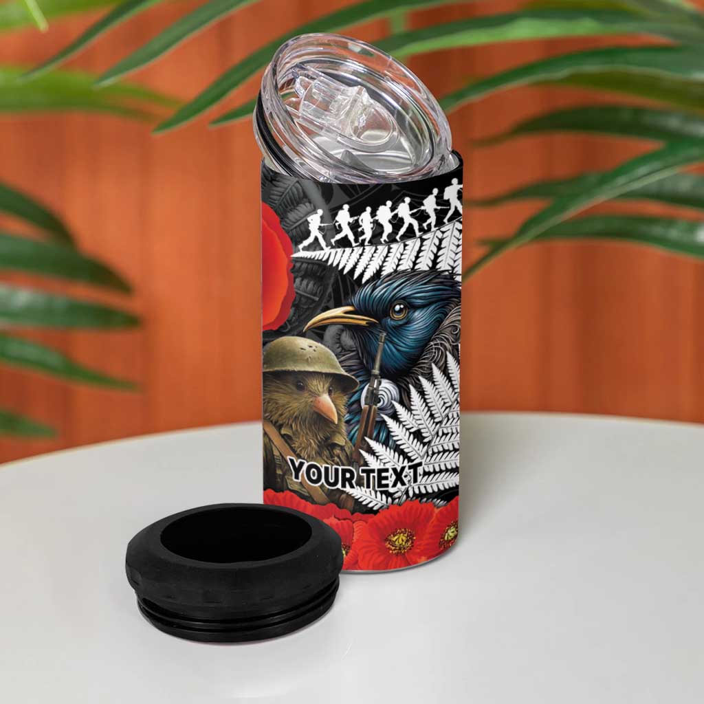 Kiwi-Tui Bird Soldier ANZAC Day Personalised 4 in 1 Can Cooler Tumbler Maori Silver Fern Motif