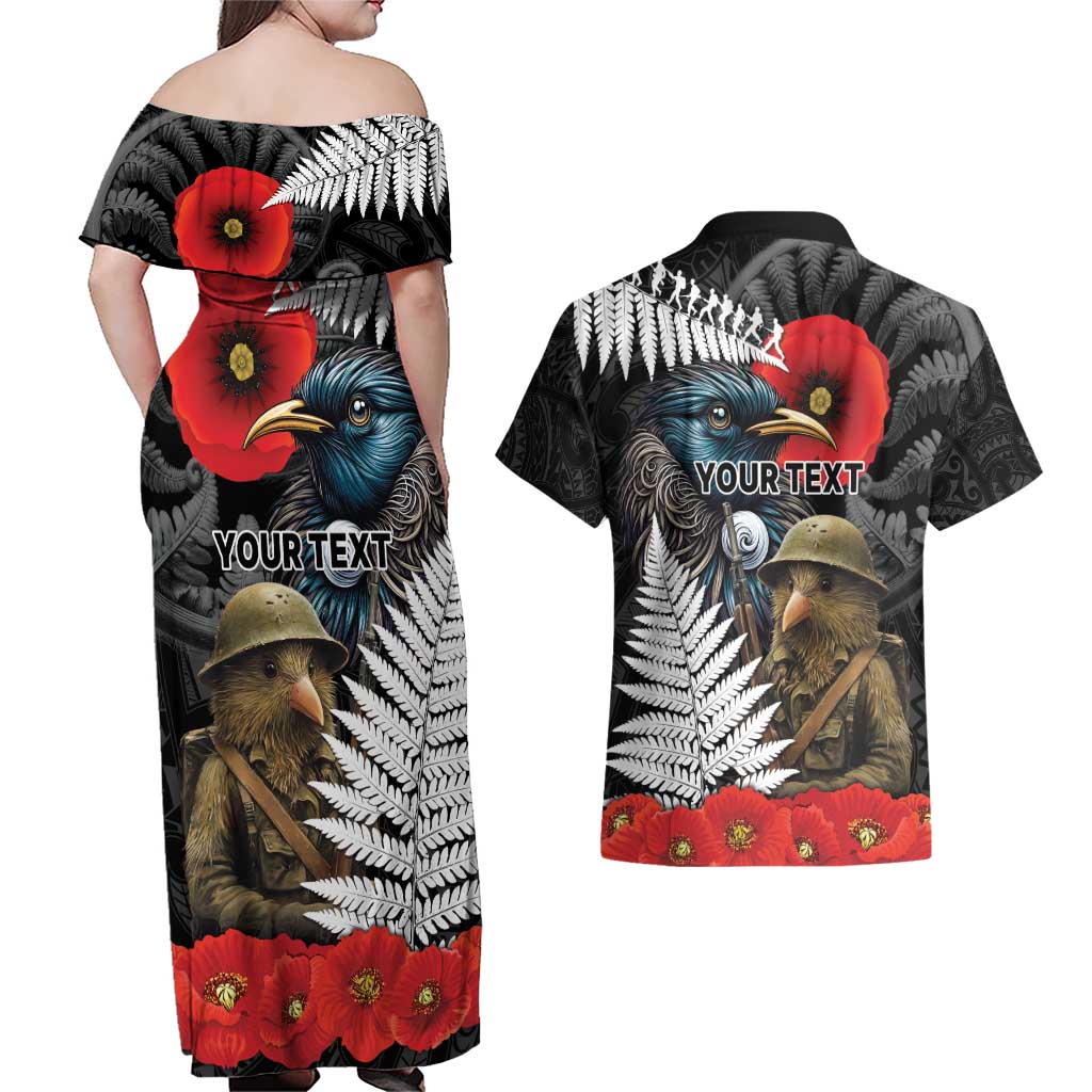 Kiwi-Tui Bird Soldier ANZAC Day Personalised Couples Matching Off Shoulder Maxi Dress and Hawaiian Shirt Maori Silver Fern Motif