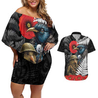 Kiwi-Tui Bird Soldier ANZAC Day Personalised Couples Matching Off Shoulder Short Dress and Hawaiian Shirt Maori Silver Fern Motif