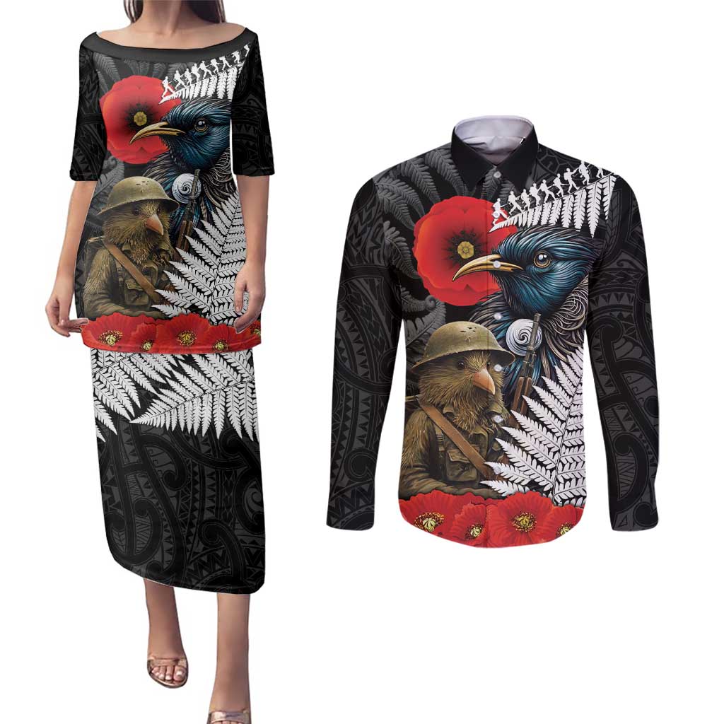 Kiwi-Tui Bird Soldier ANZAC Day Personalised Couples Matching Puletasi and Long Sleeve Button Shirt Maori Silver Fern Motif