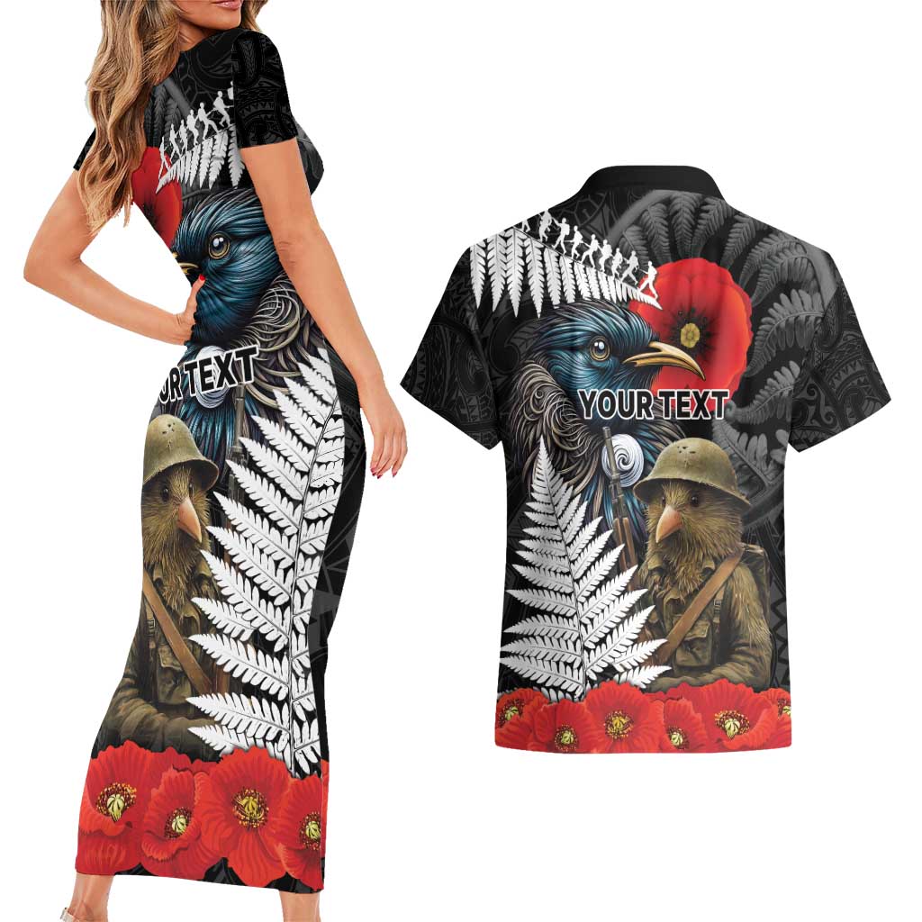 Kiwi-Tui Bird Soldier ANZAC Day Personalised Couples Matching Short Sleeve Bodycon Dress and Hawaiian Shirt Maori Silver Fern Motif