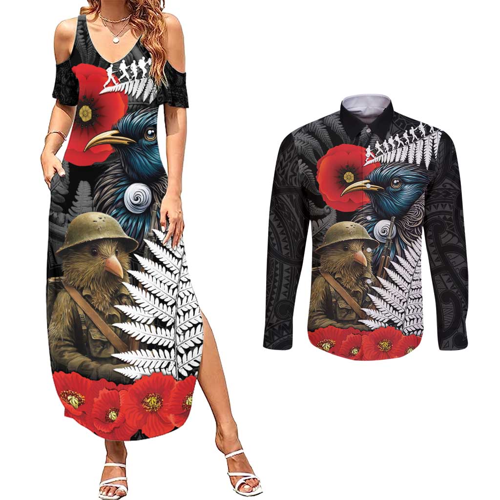 Kiwi-Tui Bird Soldier ANZAC Day Personalised Couples Matching Summer Maxi Dress and Long Sleeve Button Shirt Maori Silver Fern Motif