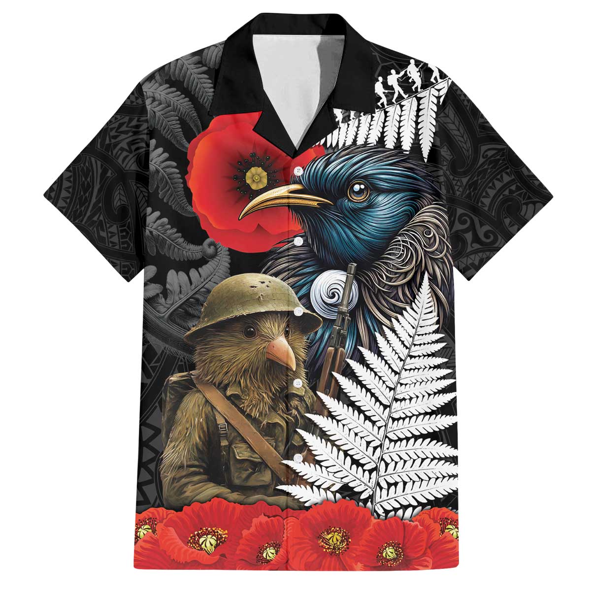 Kiwi-Tui Bird Soldier ANZAC Day Personalised Family Matching Off The Shoulder Long Sleeve Dress and Hawaiian Shirt Maori Silver Fern Motif LT9 Dad's Shirt - Short Sleeve Black - Polynesian Pride