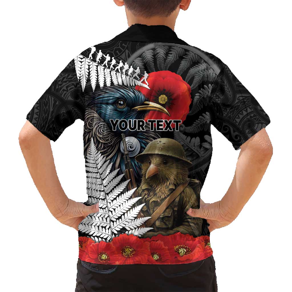 Kiwi-Tui Bird Soldier ANZAC Day Personalised Family Matching Off Shoulder Maxi Dress and Hawaiian Shirt Maori Silver Fern Motif