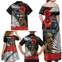 Kiwi-Tui Bird Soldier ANZAC Day Personalised Family Matching Off Shoulder Maxi Dress and Hawaiian Shirt Maori Silver Fern Motif