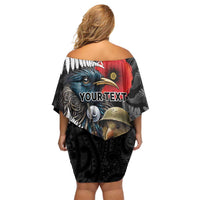 Kiwi-Tui Bird Soldier ANZAC Day Personalised Family Matching Off Shoulder Short Dress and Hawaiian Shirt Maori Silver Fern Motif