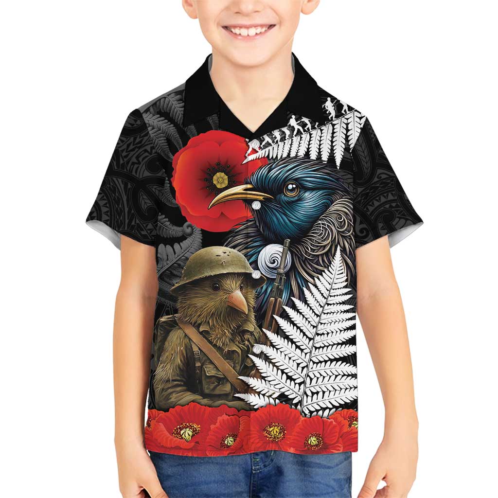 Kiwi-Tui Bird Soldier ANZAC Day Personalised Family Matching Off Shoulder Short Dress and Hawaiian Shirt Maori Silver Fern Motif