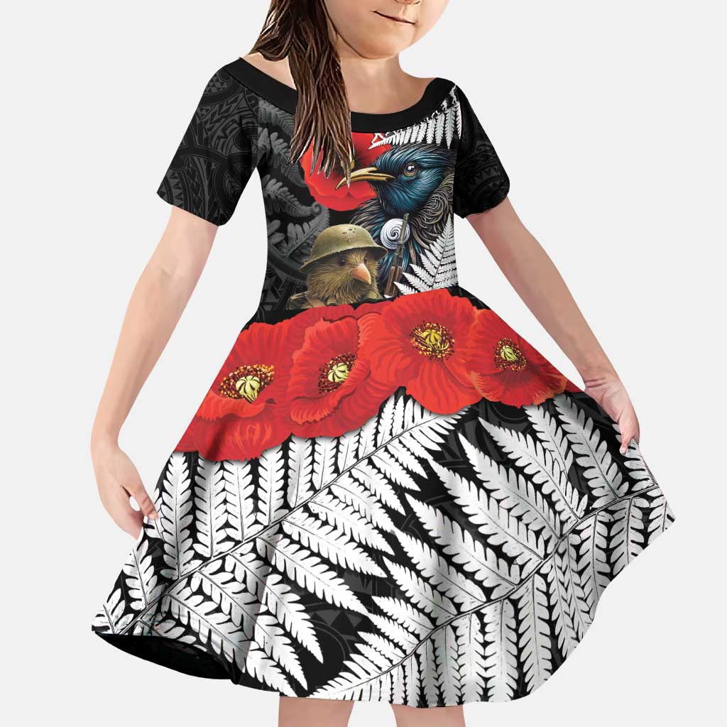 Kiwi-Tui Bird Soldier ANZAC Day Personalised Family Matching Puletasi and Hawaiian Shirt Maori Silver Fern Motif LT9 Daughter's Dress Black - Polynesian Pride