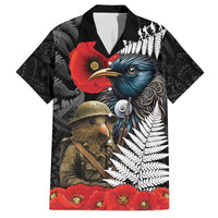 Kiwi-Tui Bird Soldier ANZAC Day Personalised Family Matching Puletasi and Hawaiian Shirt Maori Silver Fern Motif LT9 Dad's Shirt - Short Sleeve Black - Polynesian Pride