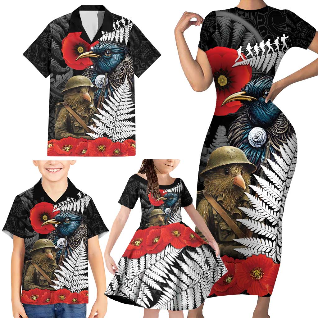 Kiwi-Tui Bird Soldier ANZAC Day Personalised Family Matching Short Sleeve Bodycon Dress and Hawaiian Shirt Maori Silver Fern Motif