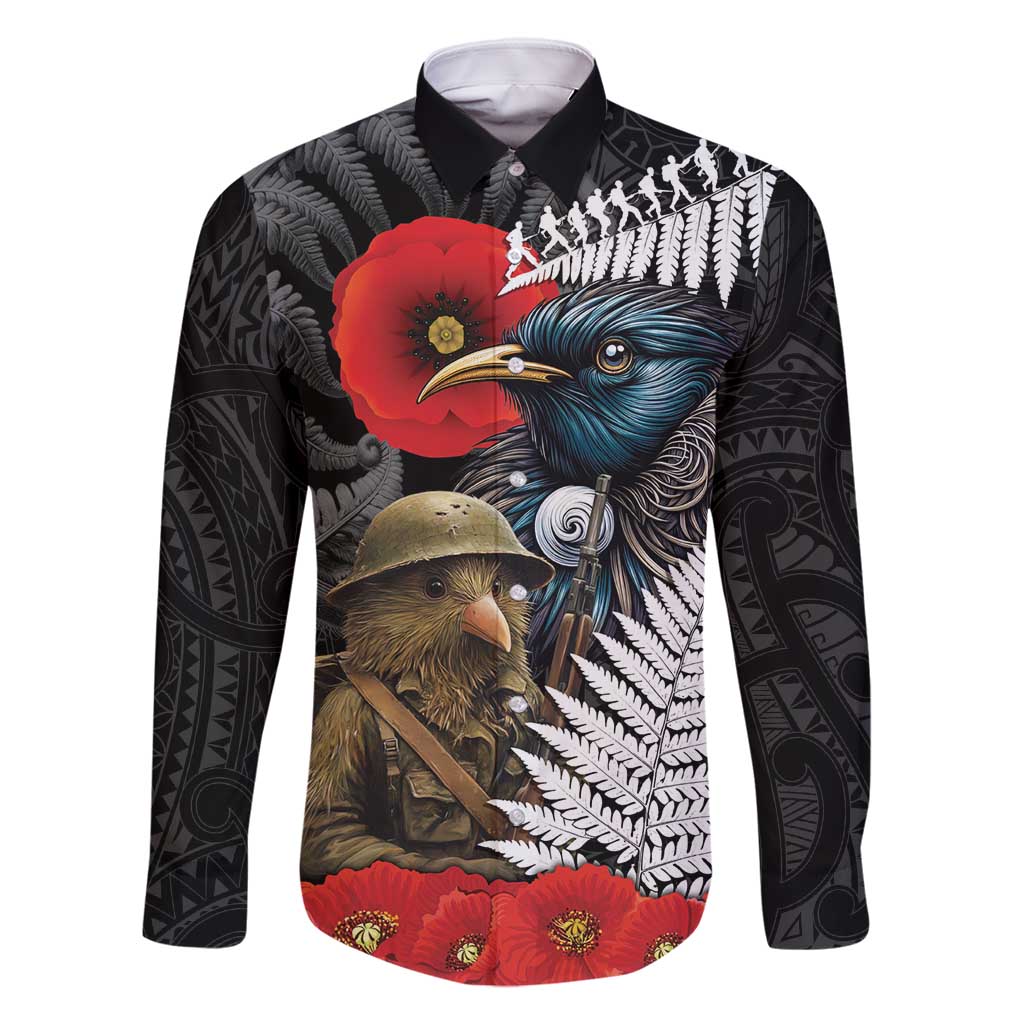 Kiwi-Tui Bird Soldier ANZAC Day Personalised Family Matching Summer Maxi Dress and Hawaiian Shirt Maori Silver Fern Motif LT9 Dad's Shirt - Long Sleeve Black - Polynesian Pride