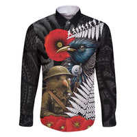 Kiwi-Tui Bird Soldier ANZAC Day Personalised Family Matching Summer Maxi Dress and Hawaiian Shirt Maori Silver Fern Motif LT9 Dad's Shirt - Long Sleeve Black - Polynesian Pride