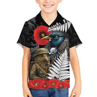 Kiwi-Tui Bird Soldier ANZAC Day Personalised Family Matching Summer Maxi Dress and Hawaiian Shirt Maori Silver Fern Motif LT9 Son's Shirt Black - Polynesian Pride