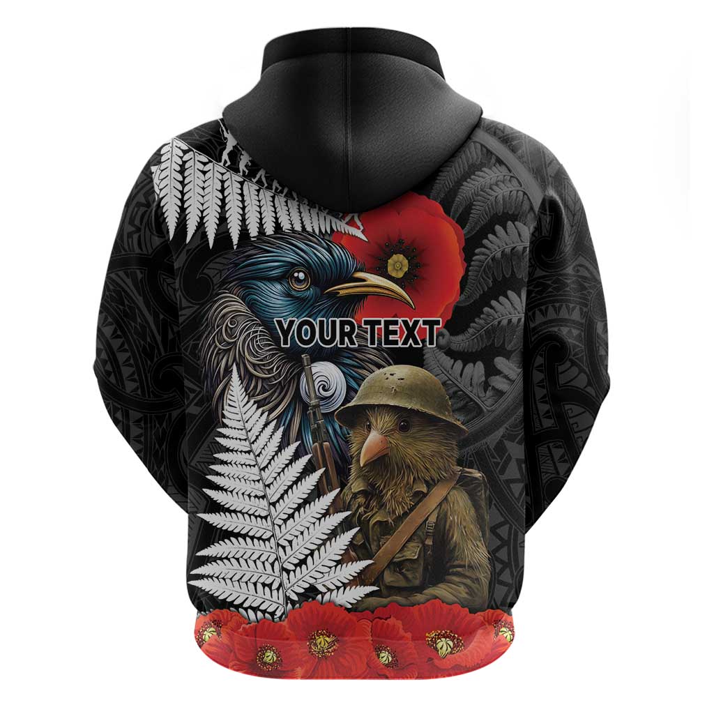 Kiwi-Tui Bird Soldier ANZAC Day Personalised Hoodie Maori Silver Fern Motif