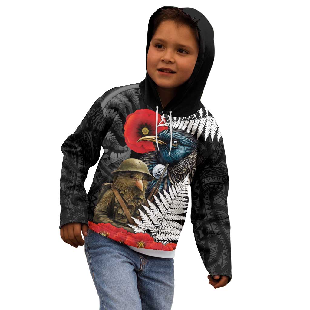 Kiwi-Tui Bird Soldier ANZAC Day Personalised Kid Hoodie Maori Silver Fern Motif