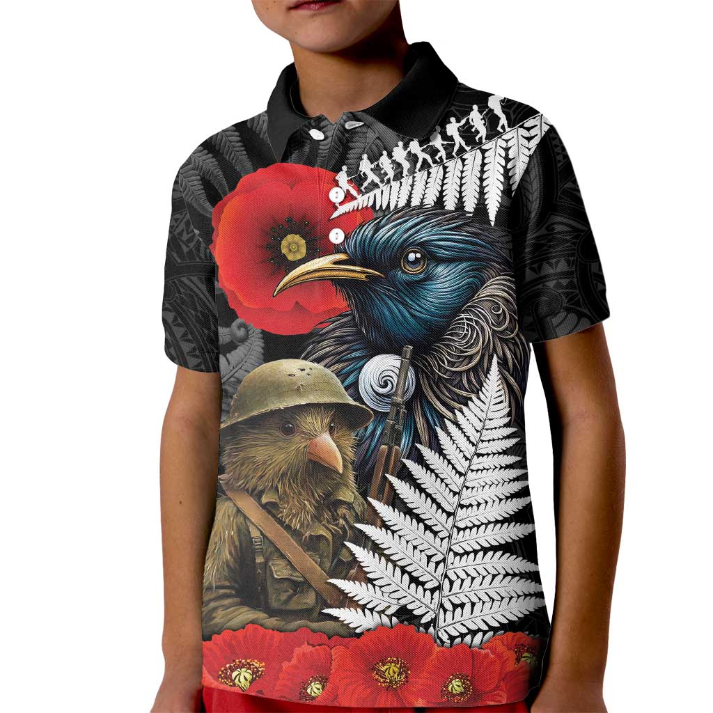 Kiwi-Tui Bird Soldier ANZAC Day Personalised Kid Polo Shirt Maori Silver Fern Motif