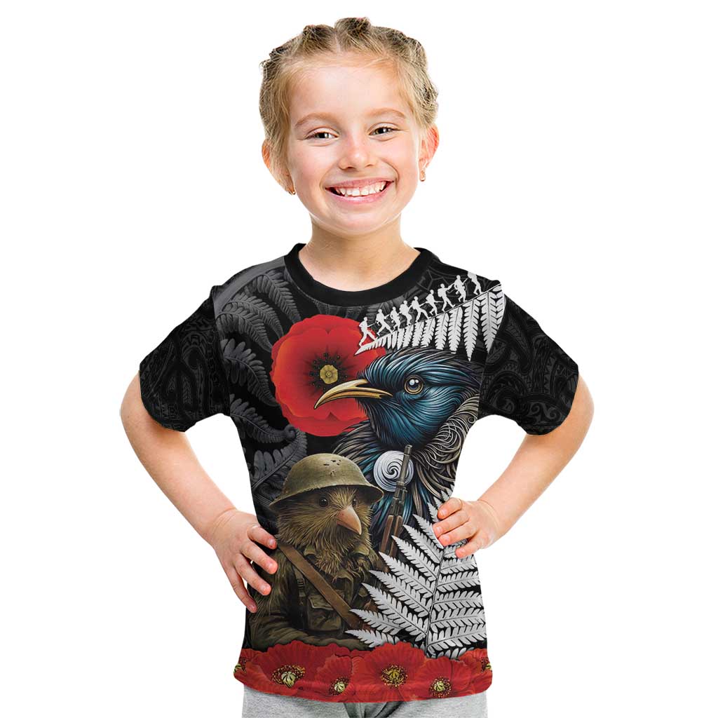 Kiwi-Tui Bird Soldier ANZAC Day Personalised Kid T Shirt Maori Silver Fern Motif