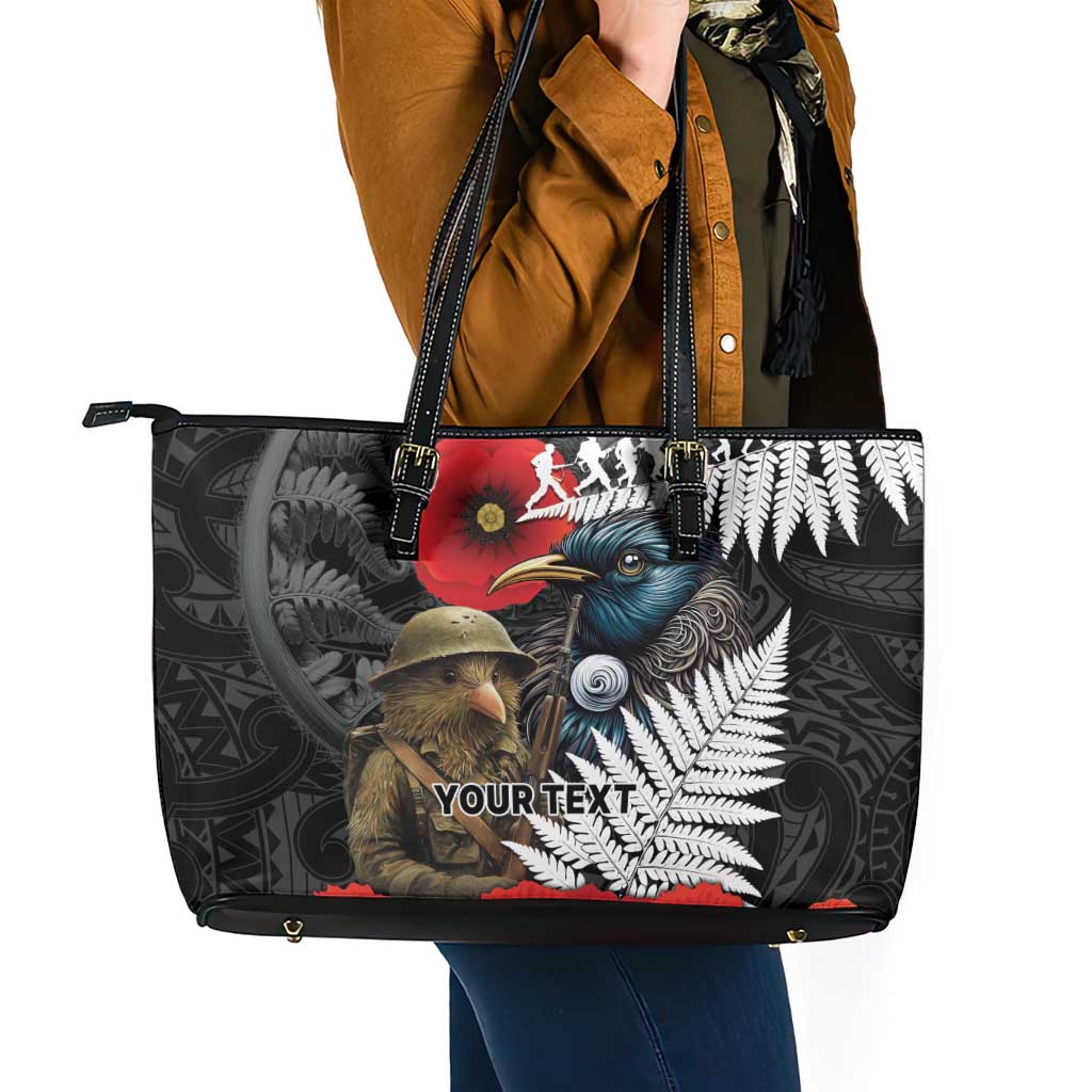 Kiwi-Tui Bird Soldier ANZAC Day Personalised Leather Tote Bag Maori Silver Fern Motif