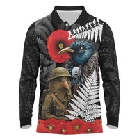Kiwi-Tui Bird Soldier ANZAC Day Personalised Long Sleeve Polo Shirt Maori Silver Fern Motif