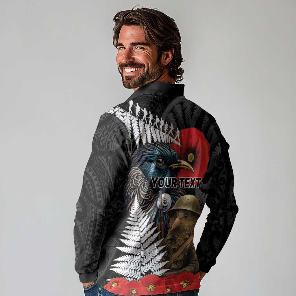 Kiwi-Tui Bird Soldier ANZAC Day Personalised Long Sleeve Polo Shirt Maori Silver Fern Motif