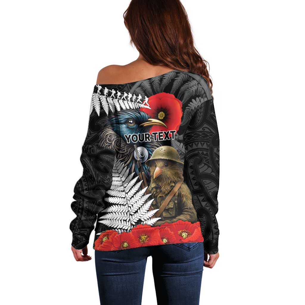 Kiwi-Tui Bird Soldier ANZAC Day Personalised Off Shoulder Sweater Maori Silver Fern Motif