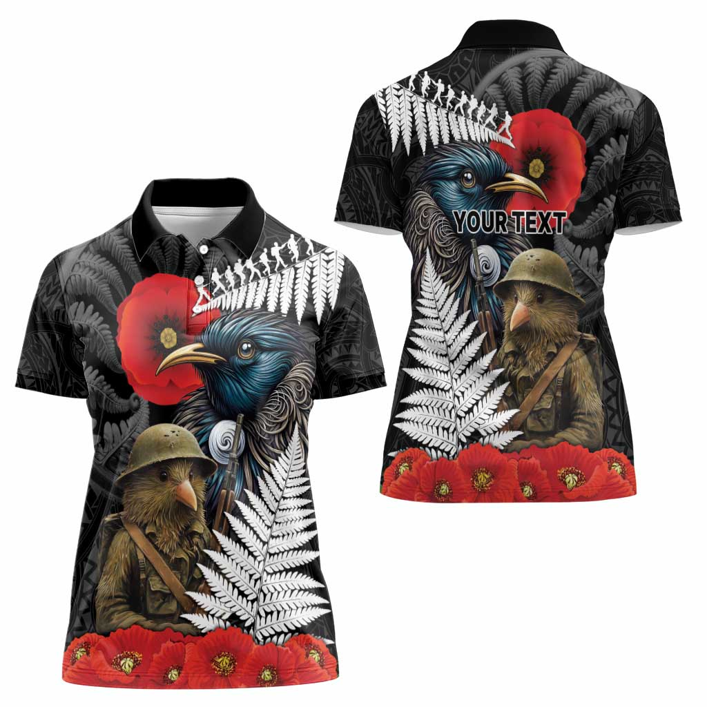 Kiwi-Tui Bird Soldier ANZAC Day Personalised Women Polo Shirt Maori Silver Fern Motif