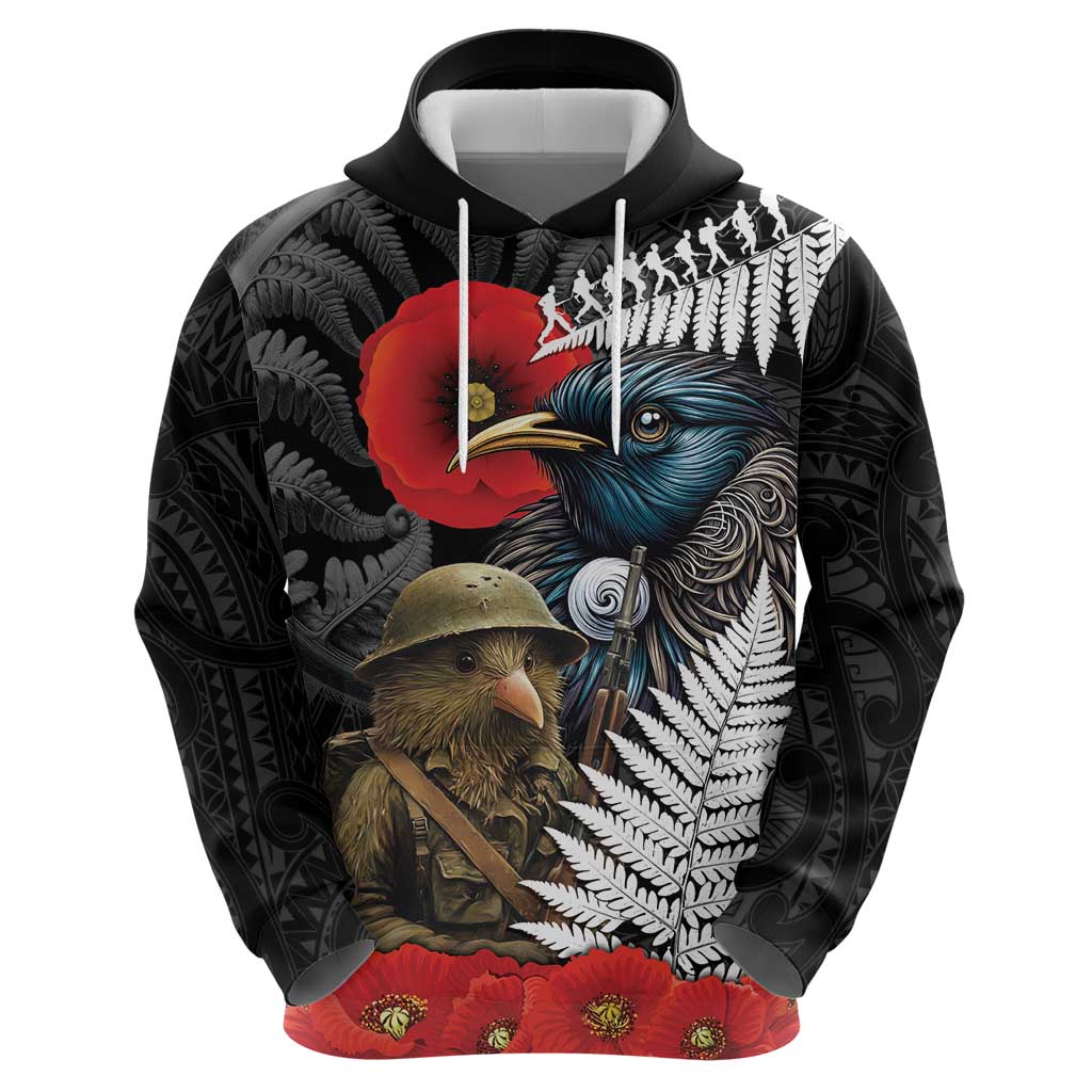Kiwi-Tui Bird Soldier ANZAC Day Personalised Zip Hoodie Maori Silver Fern Motif