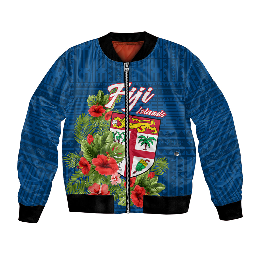Polynesian Pride Fiji Bomber Jacket Tropical Flowers and Tapa Pattern LT9 Unisex Blue - Polynesian Pride
