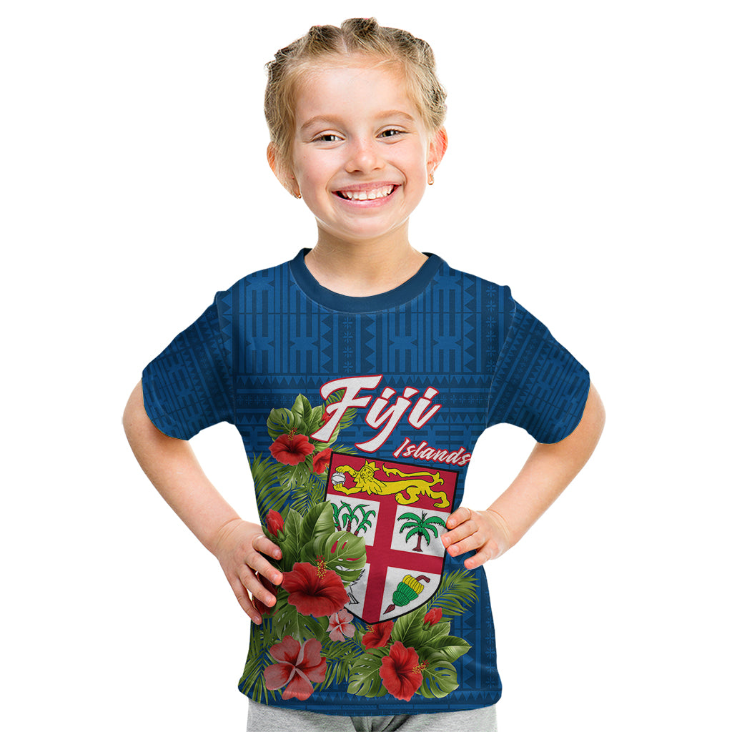 Polynesian Pride Fiji Kid T Shirt Tropical Flowers and Tapa Pattern LT9 Blue - Polynesian Pride