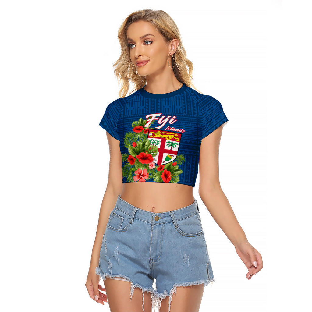 Polynesian Pride Fiji Raglan Cropped T Shirt Tropical Flowers and Tapa Pattern LT9 Female Blue - Polynesian Pride
