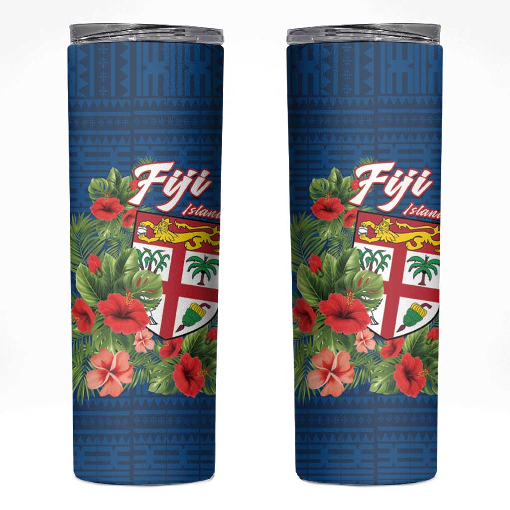 Fiji Island Tropical Flowers and Tapa Pattern Skinny Tumbler LT9 Blue - Polynesian Pride