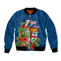 Personalised Fiji Bomber Jacket Tropical Flowers and Tapa Pattern LT9 Unisex Blue - Polynesian Pride