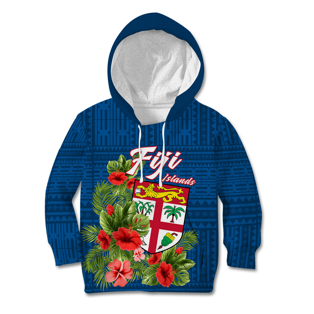 Personalised Fiji Kid Hoodie Tropical Flowers and Tapa Pattern LT9 Hoodie Blue - Polynesian Pride