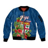 Personalised Fiji Sleeve Zip Bomber Jacket Tropical Flowers and Tapa Pattern LT9 Unisex Blue - Polynesian Pride