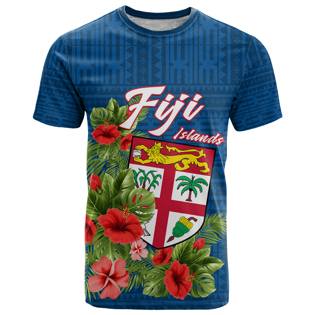 Custom Fiji T Shirt Tropical Flowers and Tapa Pattern LT9 Blue - Polynesian Pride