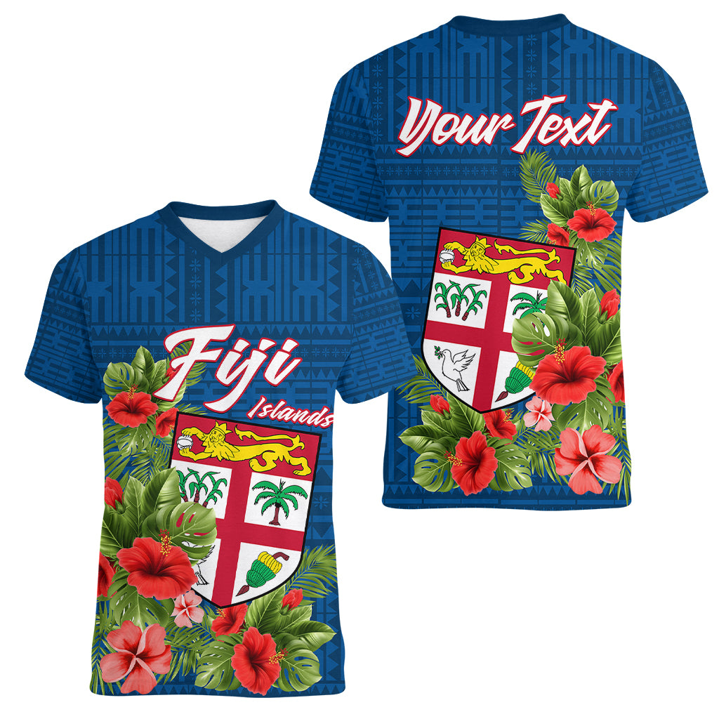 Personalised Fiji Women V Neck T Shirt Tropical Flowers and Tapa Pattern LT9 Female Blue - Polynesian Pride