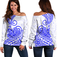 Polynesian Off Shoulder Sweater Tribal Tattoo Blue Screen Color LT9 Women Blue - Polynesian Pride