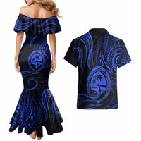 Polynesian Guam Coat of Arms Couples Matching Mermaid Dress and Hawaiian Shirt Polynesian Tribal Tattoo Blue Version