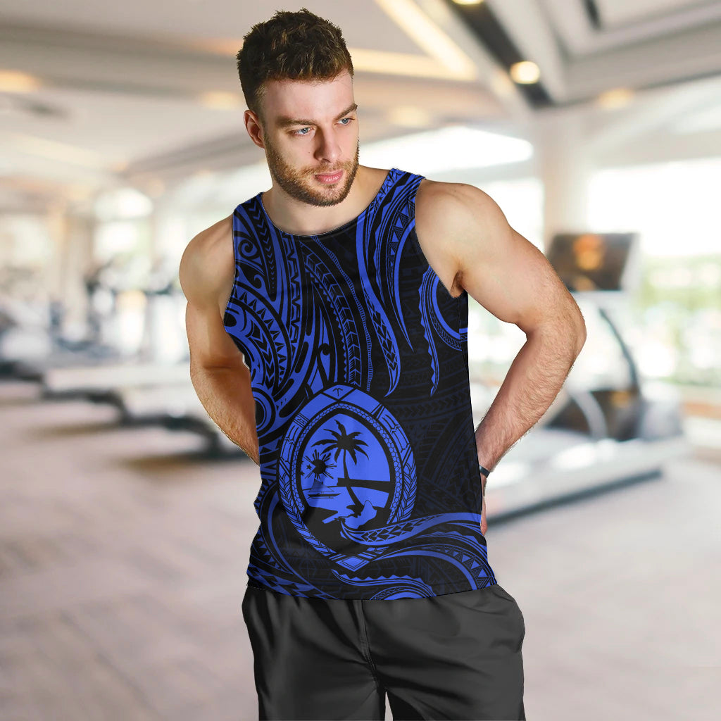 Polynesian Pride Guam Men Tank Top With Polynesian Tribal Tattoo and Coat of Arms Blue Version LT9 - Polynesian Pride