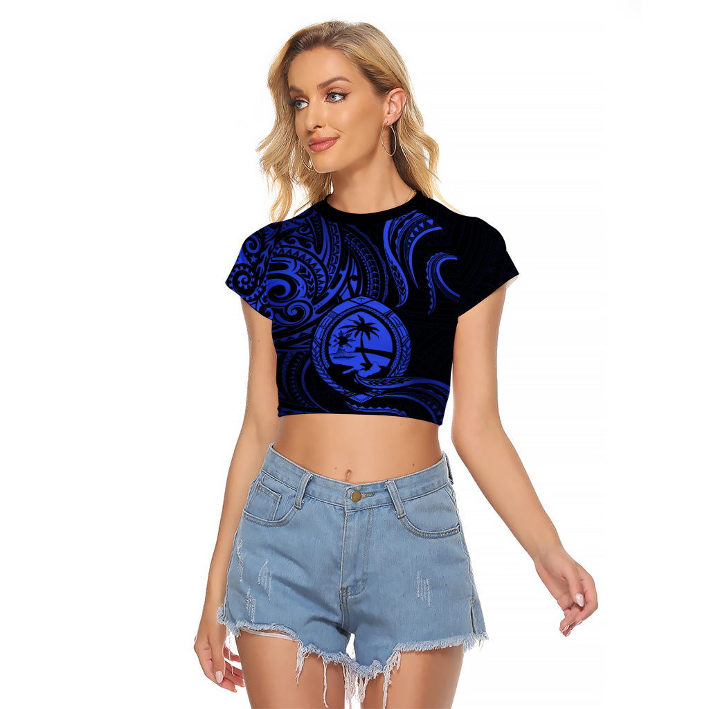 Polynesian Pride Guam Raglan Cropped T Shirt With Polynesian Tribal Tattoo and Coat of Arms Blue Version LT9 Female Blue - Polynesian Pride