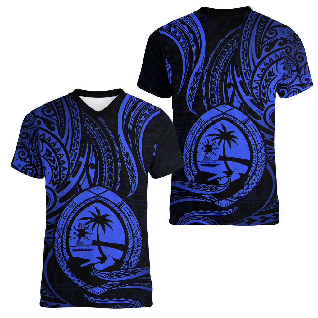 Polynesian Pride Guam Women V Neck T Shirt With Polynesian Tribal Tattoo and Coat of Arms Blue Version LT9 Female Blue - Polynesian Pride