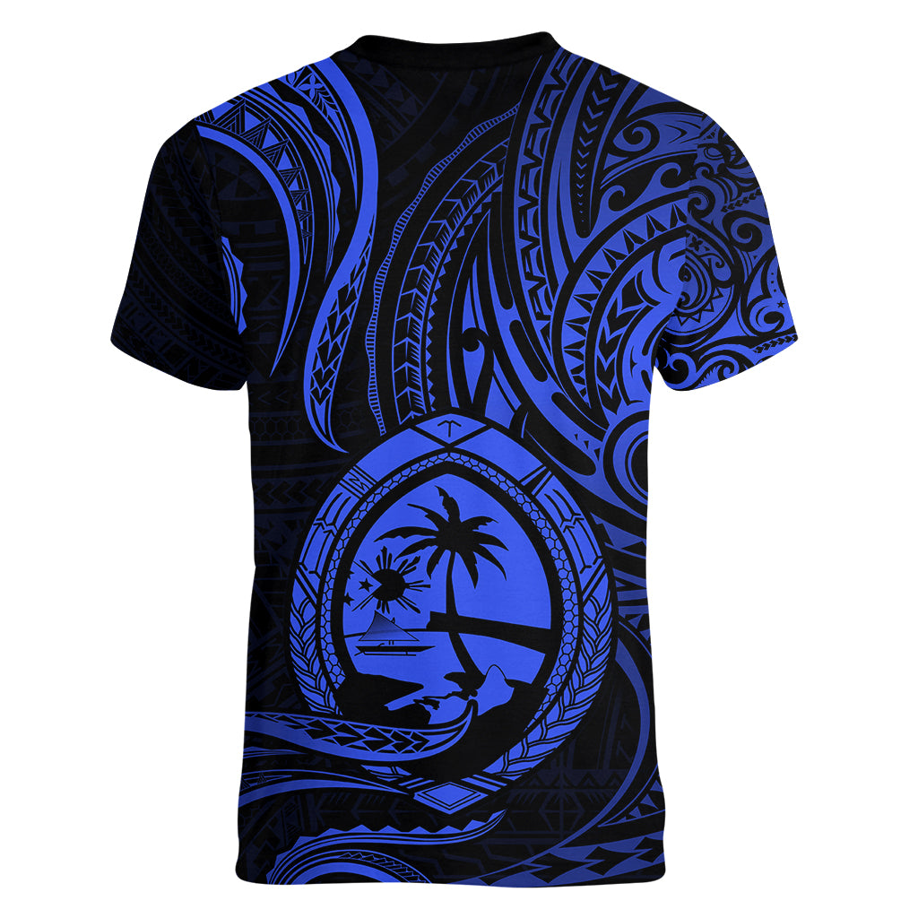 Polynesian Pride Guam Women V Neck T Shirt With Polynesian Tribal Tattoo and Coat of Arms Blue Version LT9 - Polynesian Pride