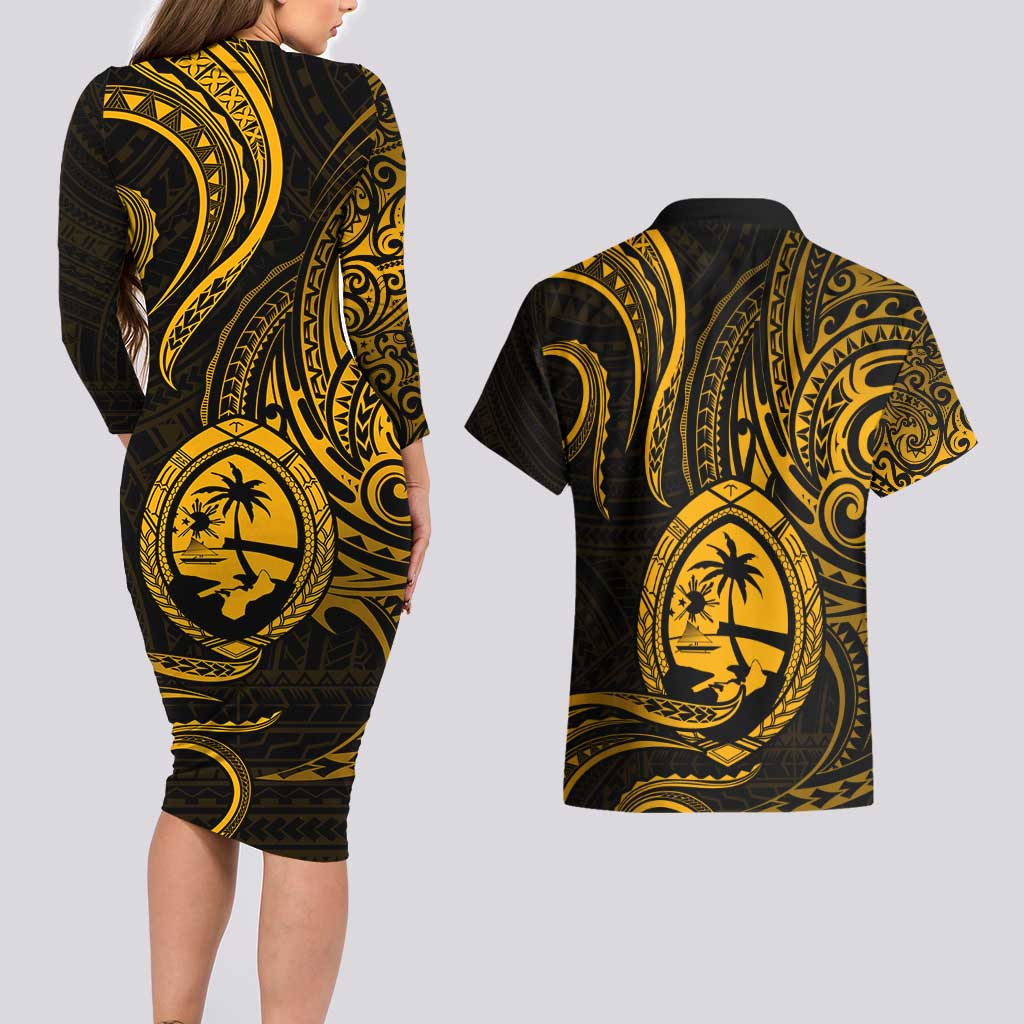 Polynesian Guam Coat of Arms Couples Matching Long Sleeve Bodycon Dress and Hawaiian Shirt Polynesian Tribal Tattoo Gold Version
