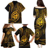 Polynesian Guam Coat of Arms Family Matching Puletasi and Hawaiian Shirt Polynesian Tribal Tattoo Gold Version