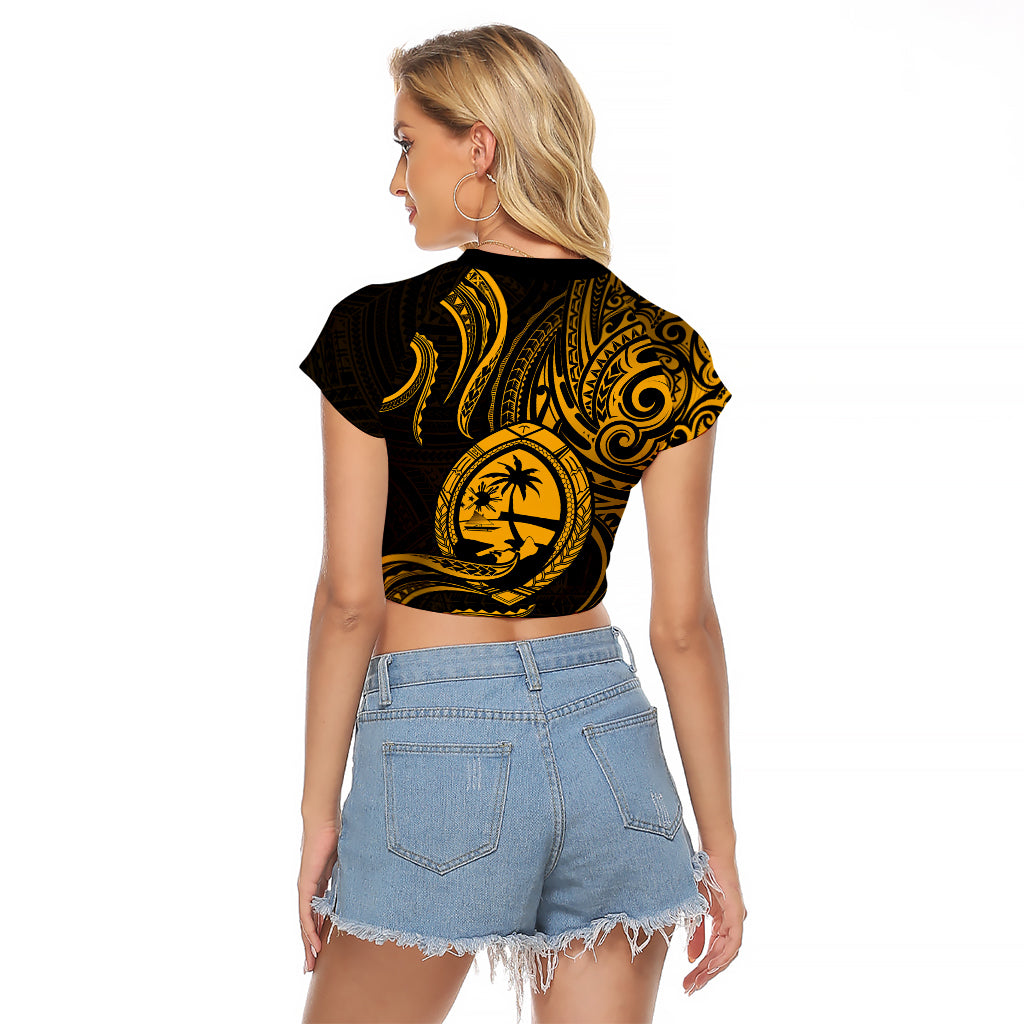 Polynesian Pride Guam Raglan Cropped T Shirt With Polynesian Tribal Tattoo and Coat of Arms Gold Version LT9 - Polynesian Pride