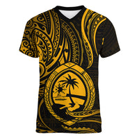 Polynesian Pride Guam Women V Neck T Shirt With Polynesian Tribal Tattoo and Coat of Arms Gold Version LT9 - Polynesian Pride